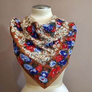 Express Scarf 30x29" Square Brown Red Blue Cream Floral Woven Retro Romantic
